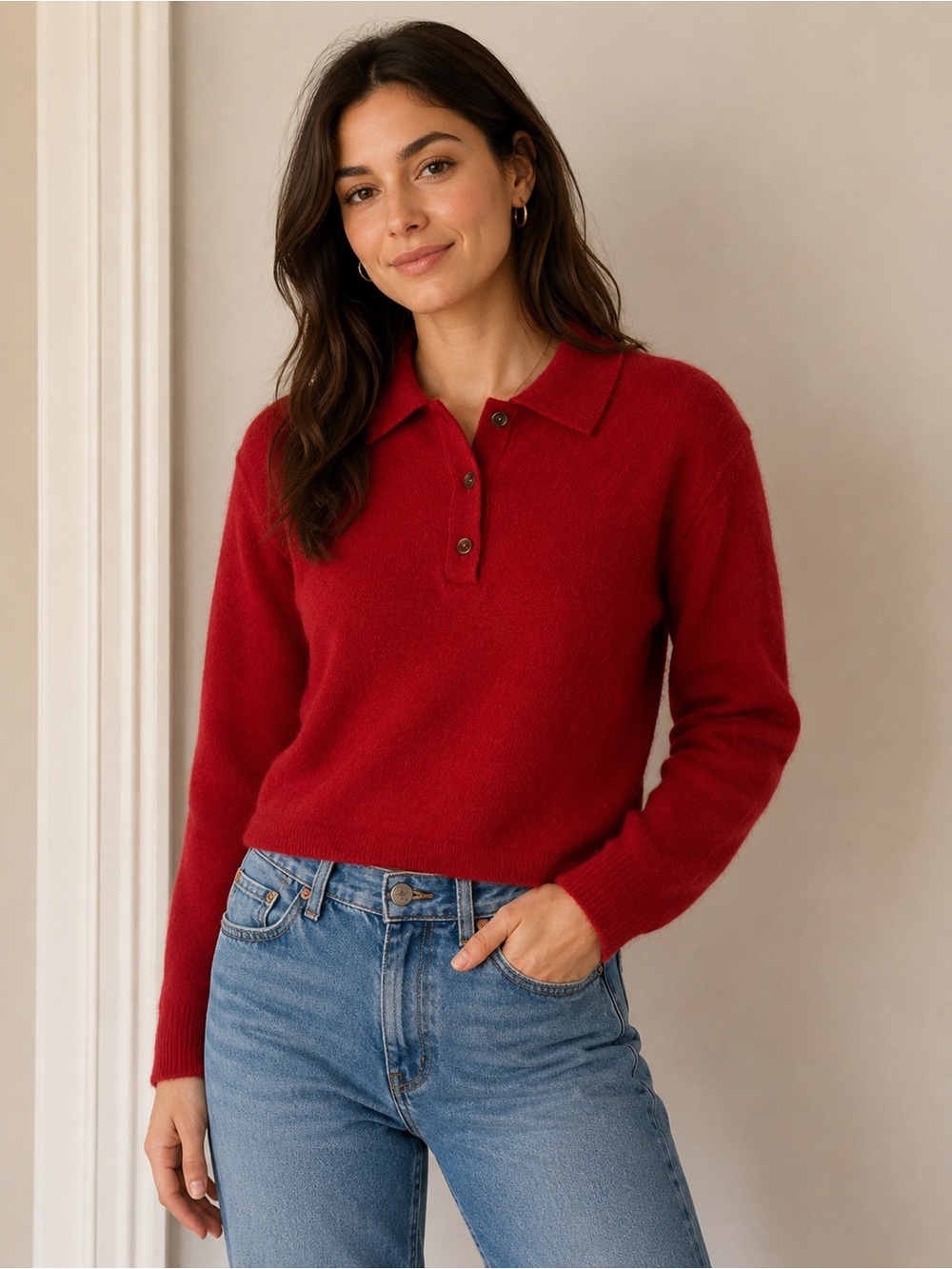 Pilcro Red Long-Sleeve Polo Sweater